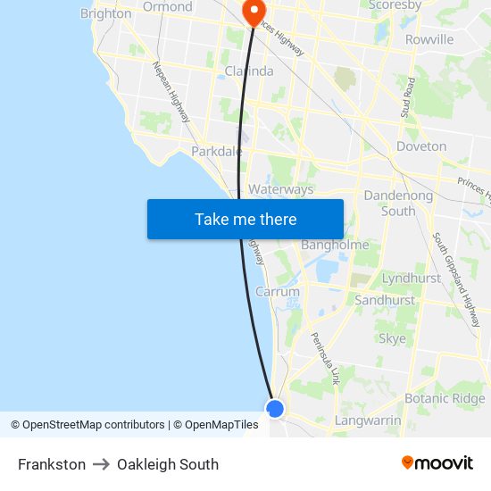 Frankston to Oakleigh South map