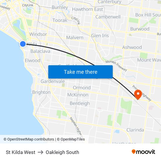 St Kilda West to Oakleigh South map