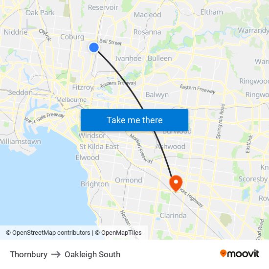 Thornbury to Oakleigh South map