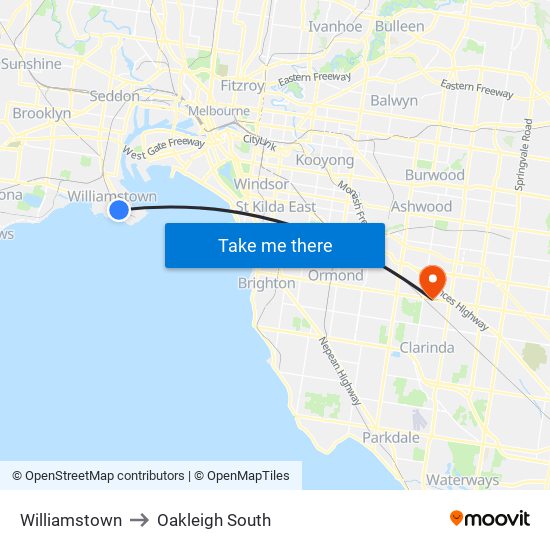 Williamstown to Oakleigh South map