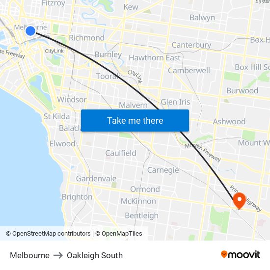 Melbourne to Oakleigh South map
