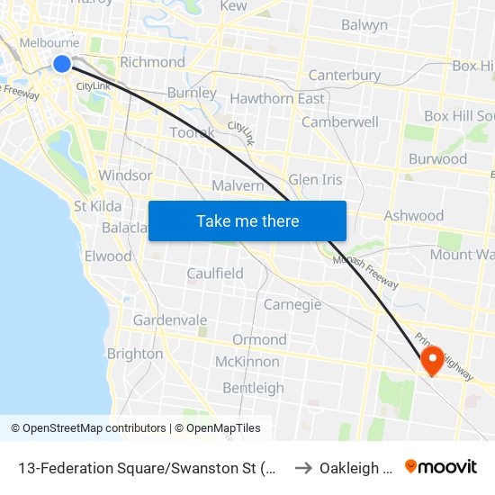 13-Federation Square/Swanston St (Melbourne City) to Oakleigh South map