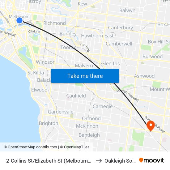 2-Collins St/Elizabeth St (Melbourne City) to Oakleigh South map