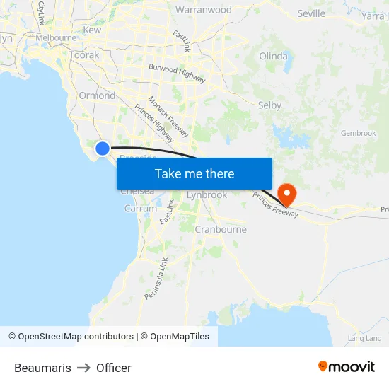 Beaumaris to Officer map