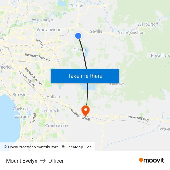 Mount Evelyn to Officer map