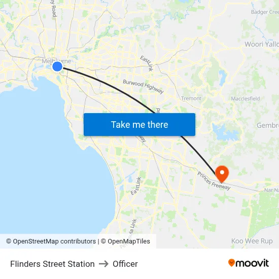 Flinders Street Station to Officer map