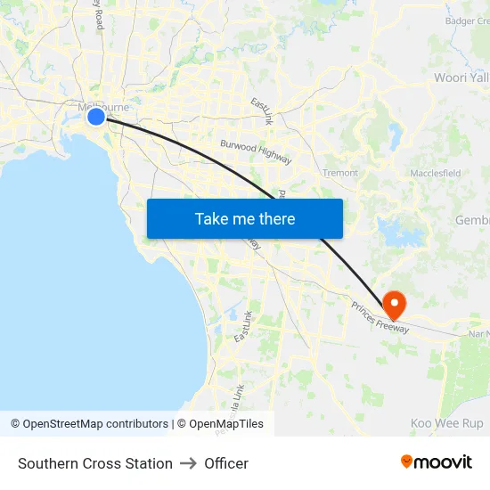 Southern Cross Station to Officer map