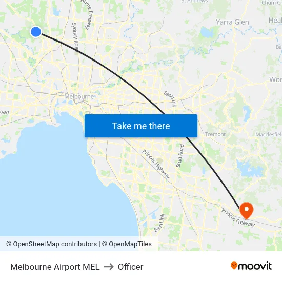 Melbourne Airport MEL to Officer map