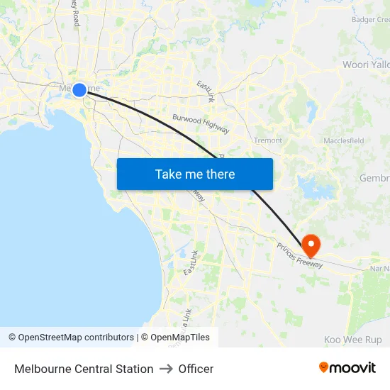Melbourne Central Station to Officer map