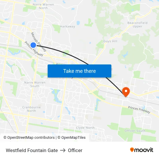 Westfield Fountain Gate to Officer map