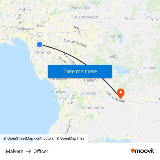 Malvern to Officer map