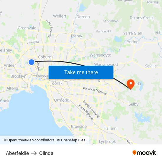 Aberfeldie to Olinda map
