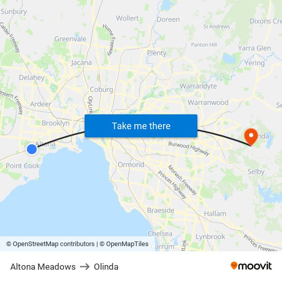 Altona Meadows to Olinda map