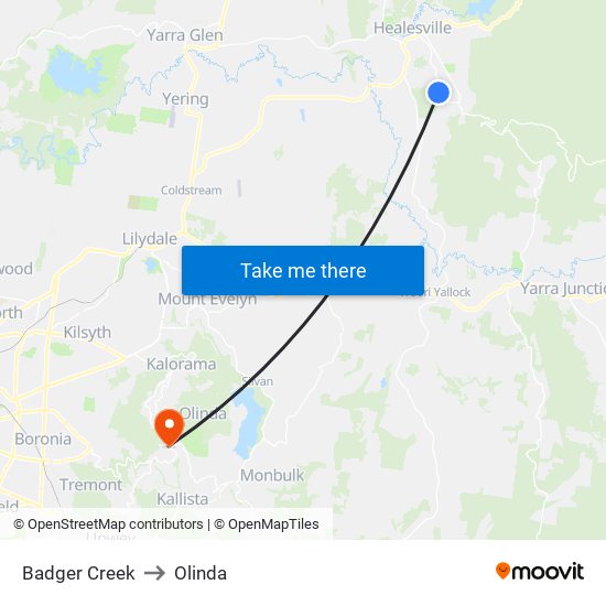 Badger Creek to Olinda map