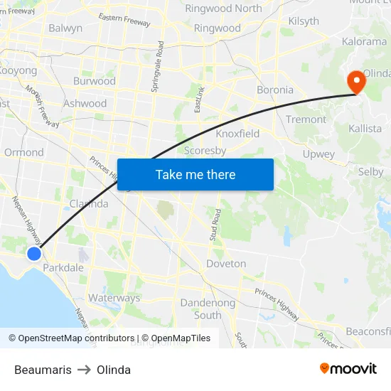Beaumaris to Olinda map