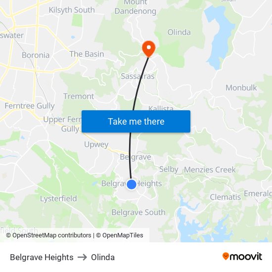 Belgrave Heights to Olinda map