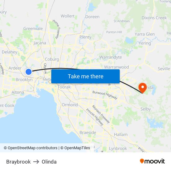 Braybrook to Olinda map