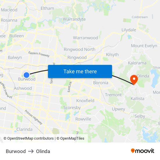 Burwood to Olinda map