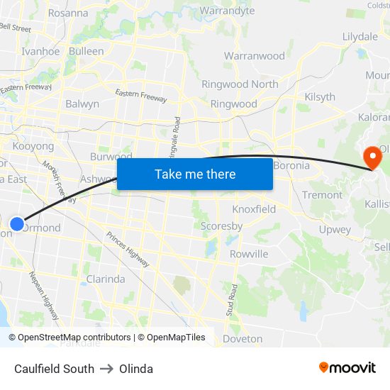 Caulfield South to Olinda map