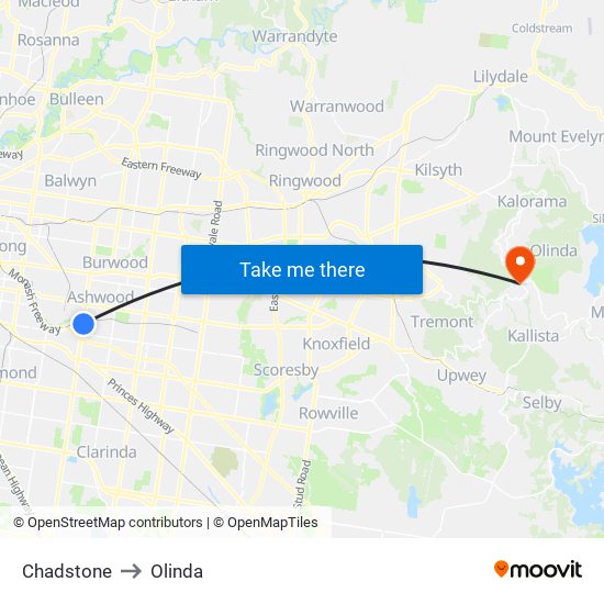 Chadstone to Olinda map