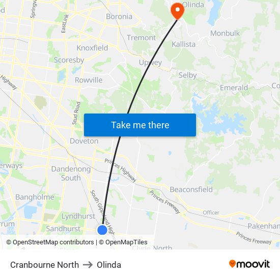 Cranbourne North to Olinda map