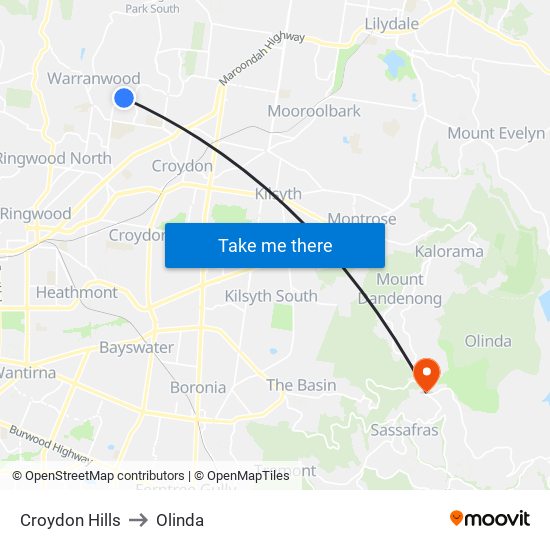 Croydon Hills to Olinda map