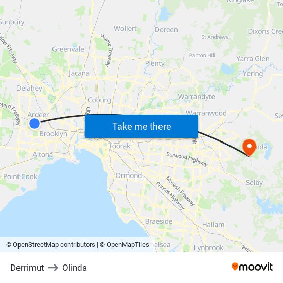 Derrimut to Olinda map