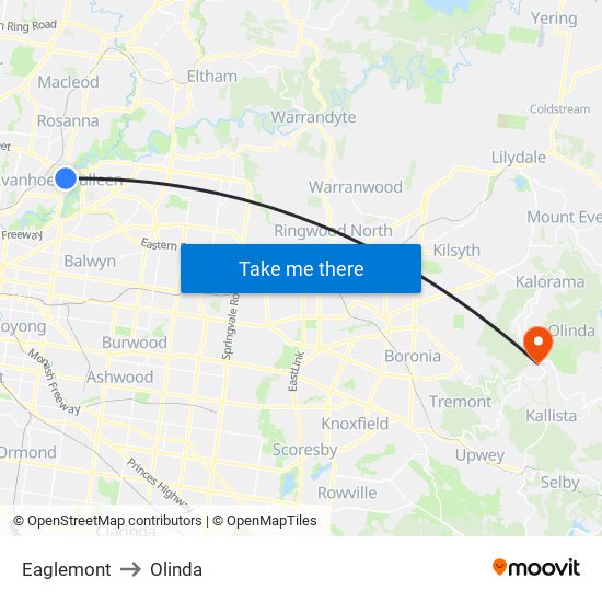 Eaglemont to Olinda map