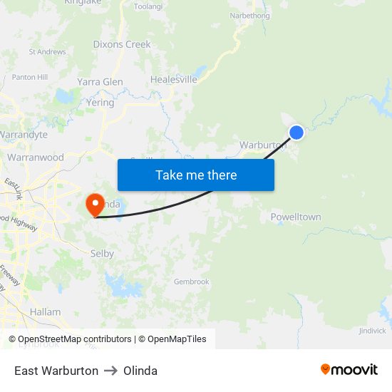 East Warburton to Olinda map