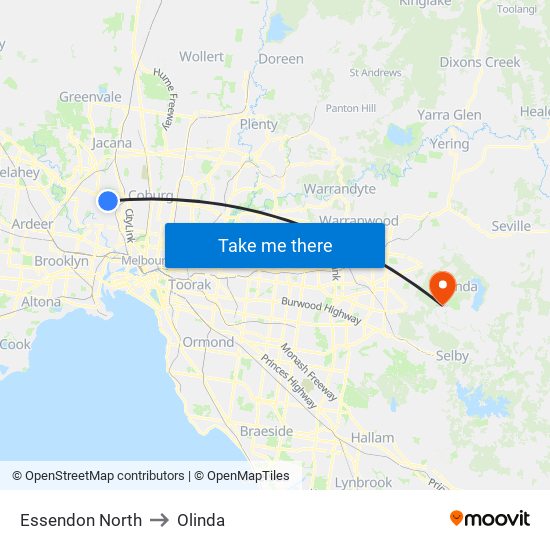 Essendon North to Olinda map