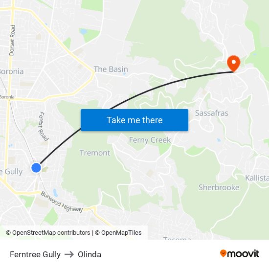 Ferntree Gully to Olinda map