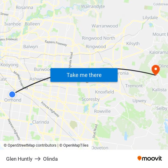 Glen Huntly to Olinda map