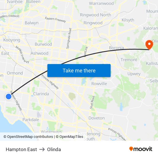 Hampton East to Olinda map