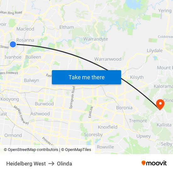 Heidelberg West to Olinda map