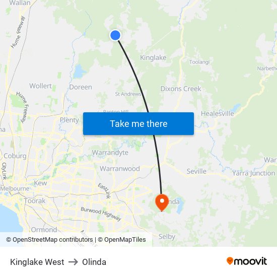 Kinglake West to Olinda map