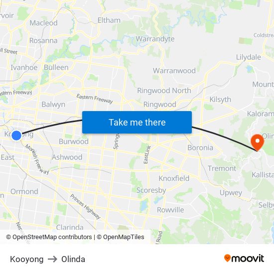 Kooyong to Olinda map