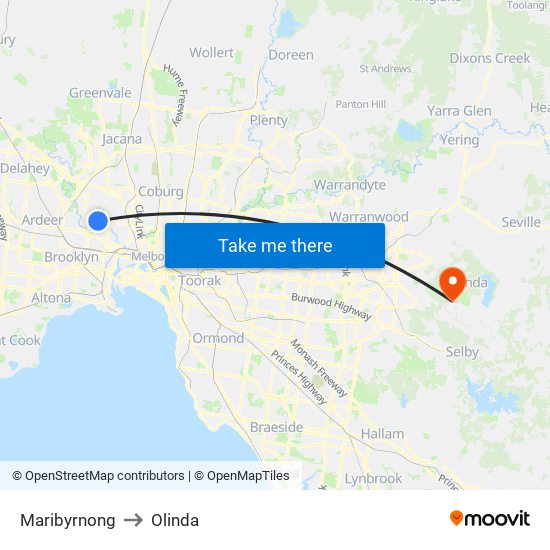 Maribyrnong to Olinda map
