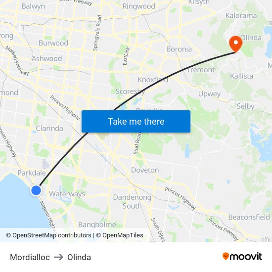 Mordialloc to Olinda map