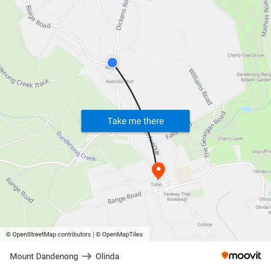 Mount Dandenong to Olinda map