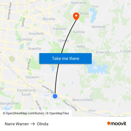 Narre Warren to Olinda map