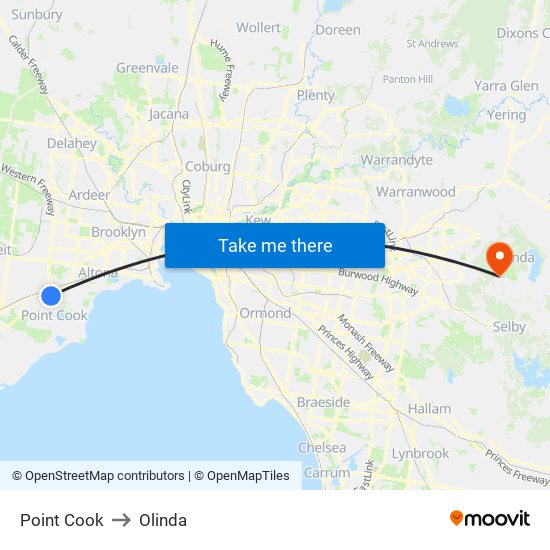 Point Cook to Olinda map