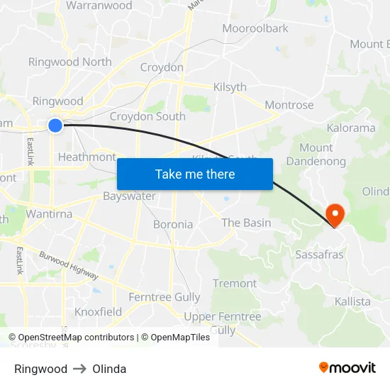 Ringwood to Olinda map