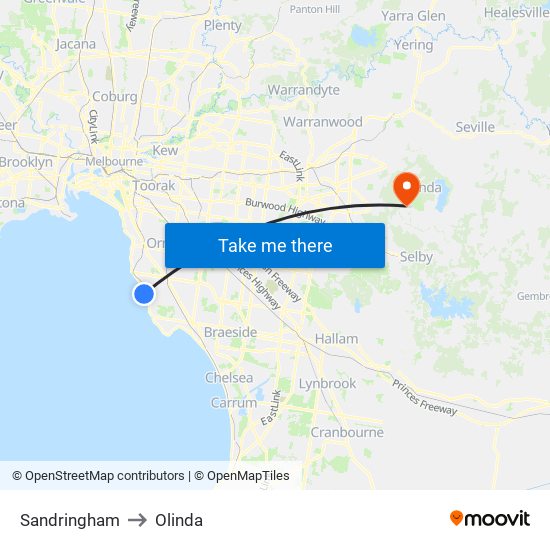 Sandringham to Olinda map