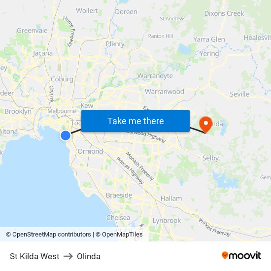St Kilda West to Olinda map