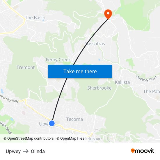 Upwey to Olinda map