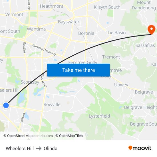 Wheelers Hill to Olinda map