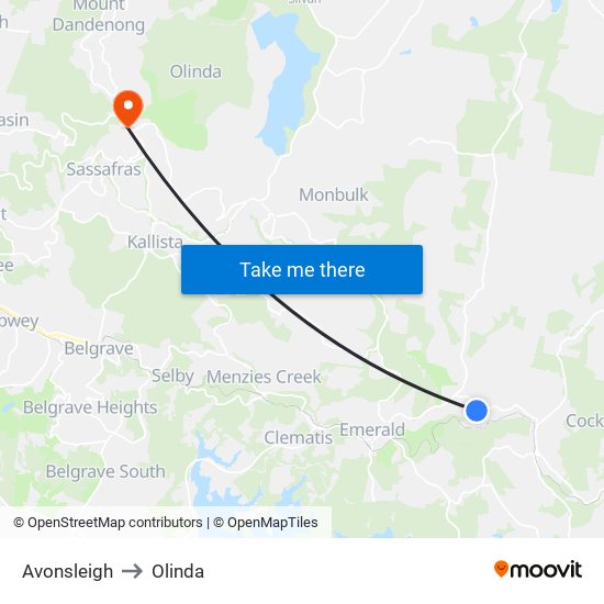 Avonsleigh to Olinda map