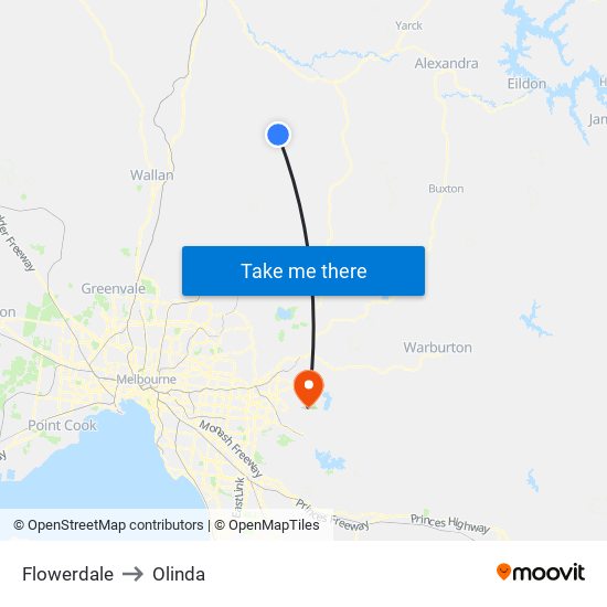 Flowerdale to Olinda map