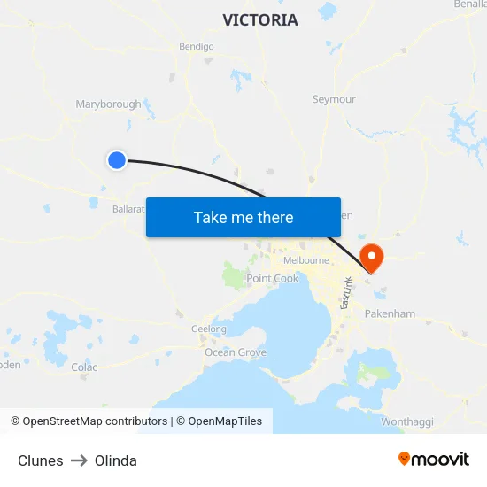 Clunes to Olinda map
