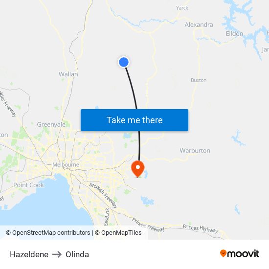 Hazeldene to Olinda map